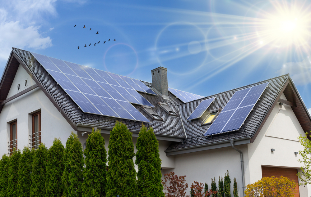 Solar,Panels,On,A,Gable,Roof.,Beautiful,,Large,Modern,House